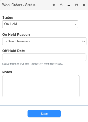 Status pop-up window showing On Hold Status.