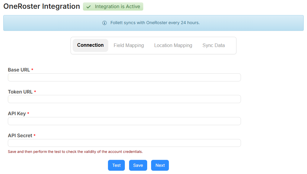 OneRoster integration, Connection tab.