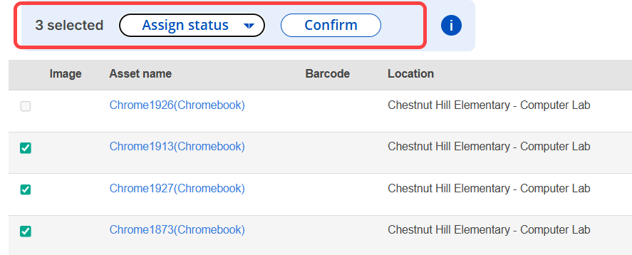 Assets selected to bulk select status and confirm.
