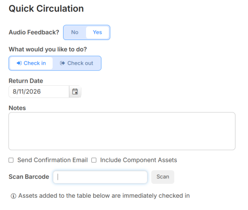 Check in selected on the Quick Circulation page.