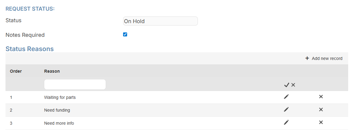 Manage Request Types, Status Reason section.