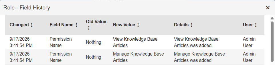 Role - Field history pop-up.