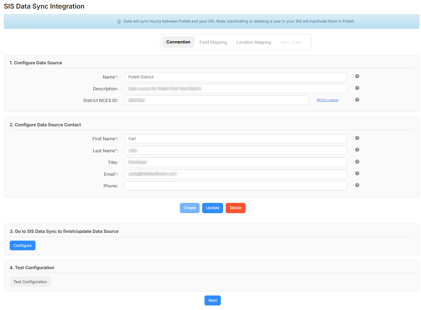 SIS Data Sync Integration, Connection tab.