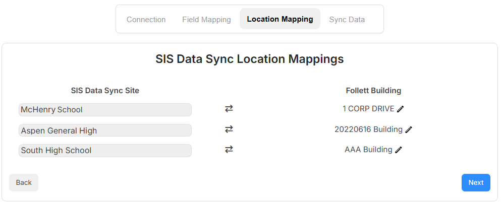 SIS Data Sync Integration Location Mapping tab.