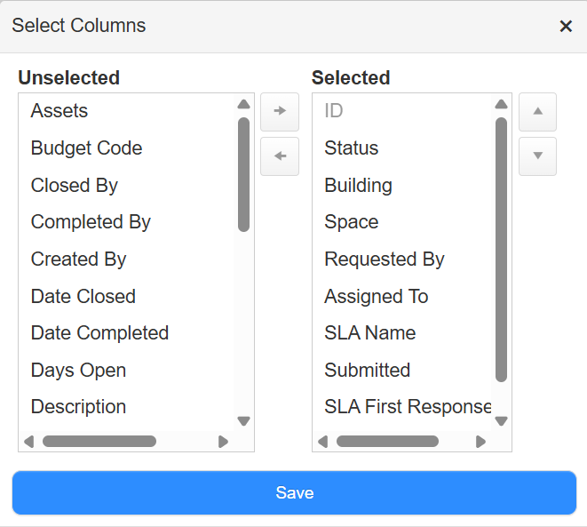Select Columns pop-up.