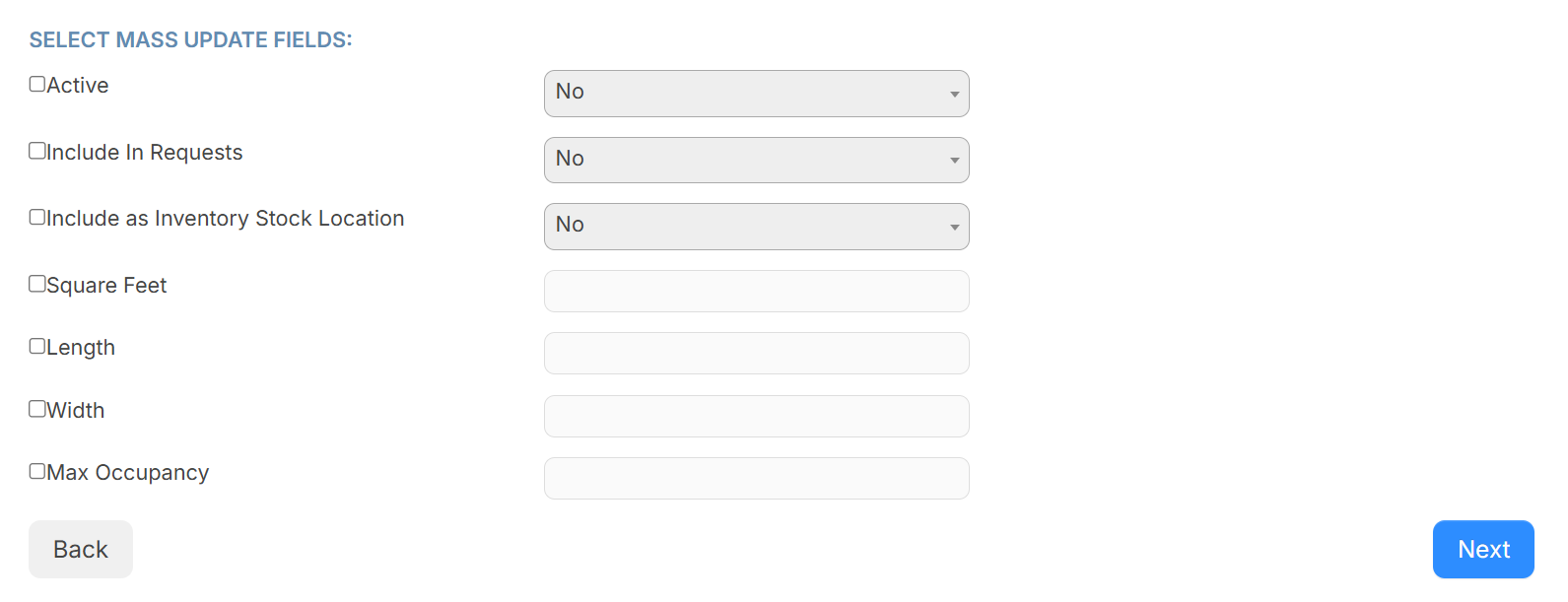 Select Mass Update Fields page.