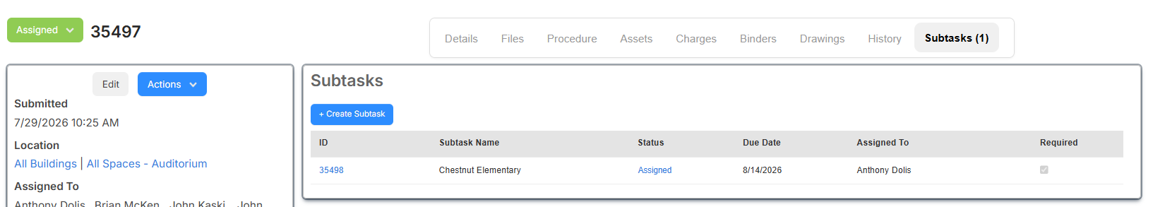 Request details page showing the Subtasks tab with one subtask.
