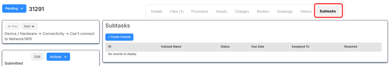 Request details with the Subtasks tab showing and circled in red.