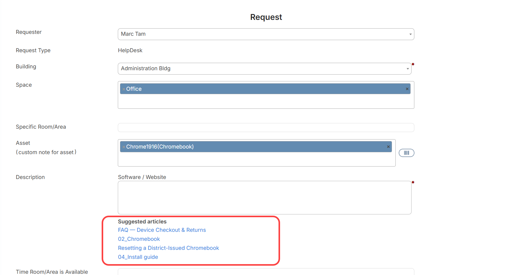 Suggested articles section on a walk-through mode request submission.