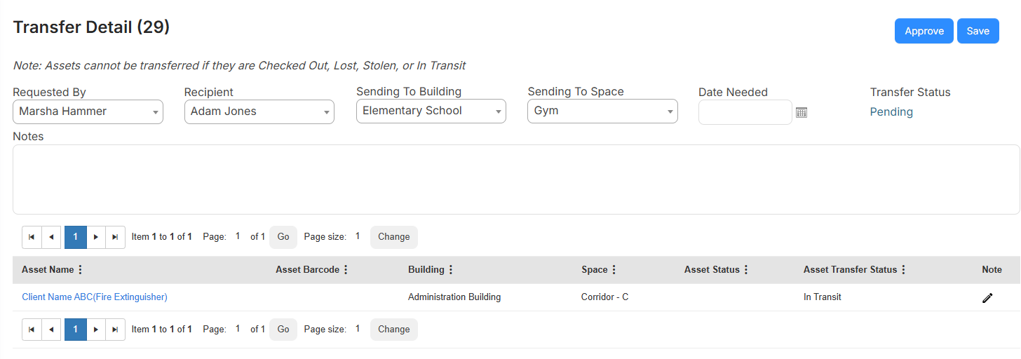 Transfer Detail page to approve an asset transfer.