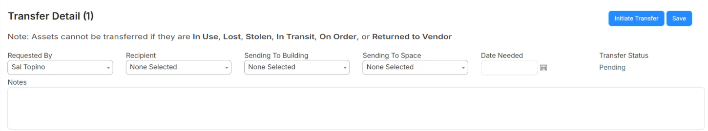 Transfer Detail page to initiate an asset transfer.