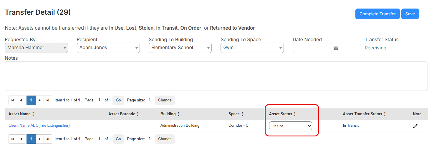 Receive an asset transfer with Asset Status field circled.